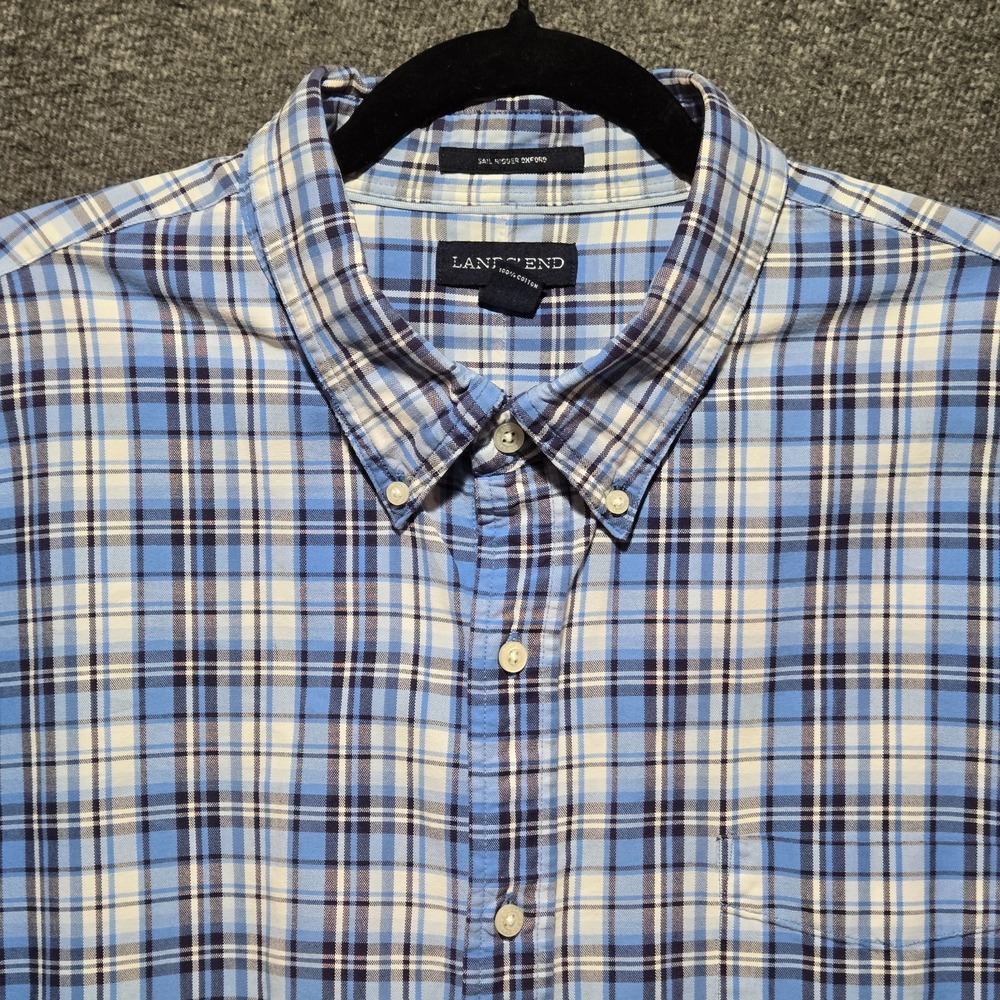 Lands' End Shirt Mens 2XLT Blue Plaid Sail Rigger Oxford Long Sleeve Button Down